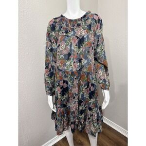 Navy Floral Ruffle-Tier Long Sleeve Dress - Feminine Flow